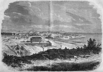 Biarritz városának látképe, Atlanti-óceán Pireneusai (64) 1858-ban. Metszet a „” Le Monde Illustré”” 75. sz.-ban, 1858. szeptember 18..
