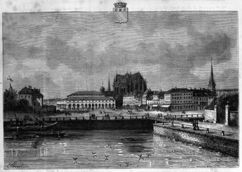Kilátás Troyes városára a hajnalban. Metszet 1880-ból a „La republique illustree”” magángyűjteményben.
