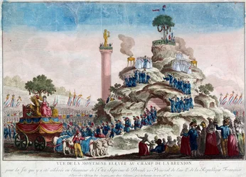 Kilátás a Reunion mezőn magasodó hegyre. II. 20. prairialis év (1794. 06. 08.) a Legfelsőbb Lény ünnepén Névtelen metszet 1794-ből. Párizs, Musee Carnavalet