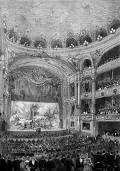 Kilátás a lyoni Bellecour színházteremre, amelyet Jules Chatron (1831-1884) épített 1879-ben. Metszet a „” Le Monde Illustré”” 1176. számon, október 11.
