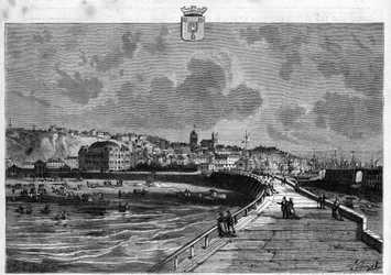 Kilátás Boulogne városára a Pas de Calais-ban. Metszet 1880-ból a „La republique illustree”” magángyűjteményben.
