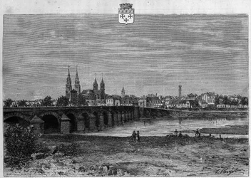 Kilátás Moulins városára az Allierben. Metszet 1880-ból a „La republique illustree”” magángyűjteményben.