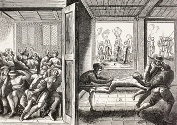 A francia hugenották erőszakossága a katolikusok ellen Dél-Franciaországban, Paul Lacroix „Katonai és vallási élet a középkorban” című művéből, London, 1880 körül.