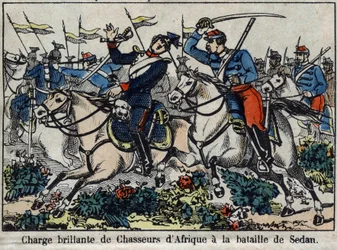1870-es háború Franciaország és Poroszország között: afrikai vadászok vádja az 1870-es sedani csatában. Epinal képe.