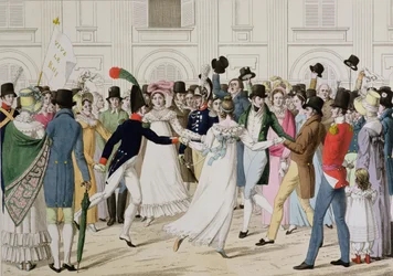 Megtartjuk Pere de Gand-ünnepünket a XVIII. Lajos Tuileriákban, 1815-ben, Gentből 100 nap után visszatérünk (színes gravírozás)