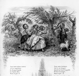 Három lány voltunk. Három lány játszik egy pásztorral, és kényelmetlenséget okoz neki. Gravírozás „” Chants et chansons populaire de la France””, 2. kötet
