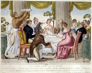 Esküvői étkezés, harisnyakötő rituálé - c. 1812.