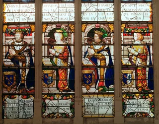 Ablak Jacques de Bourbon (1315-61) Comte de la Marche, Jeanne de Chatillon-Saint-Pol (megh. 1371), Jean I de Bourbon (1361-94) és Catherine, Comtesse de Vendome