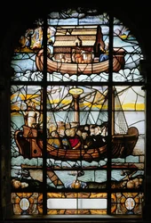 Egy hajót ábrázoló ablak szentekkel és Noé bárkájával, 1612-22