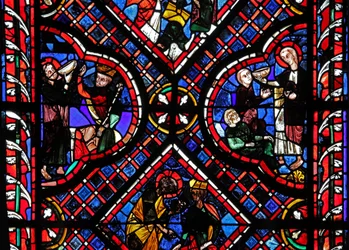 Ablak w03 jeleneteket ábrázol Szent János legendájából: a szent és a mérgezett pohár