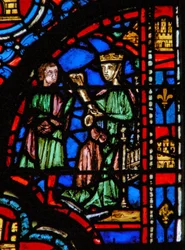 Window w13 Eszter elküldi Hathachot Mordecai Esth IV-nek 6-8