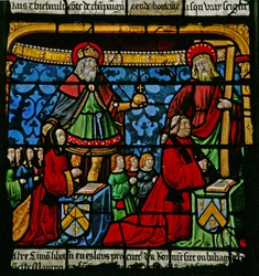 W3-as ablak, amely adományozókat ábrázol – Henriette de Mauroy és Simon Liboron gyermekeikkel, valamint védőszentjei, cirénei Szent Henrik és Simon