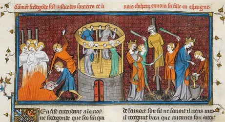 Boszorkányok elégetve, a Les Grandes chroniques de France-ból, MS Royal 16 G VI f. 64