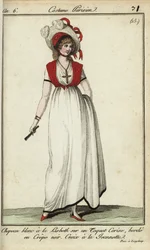 Nő Lisbeth kalapban 1798-as divat szerint (kézzel színezett rézmetszet)