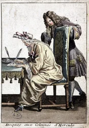 Nő ingben és hálósapkában levelet ír a férfival, n.d. 1715. v.
