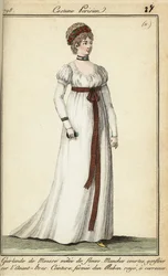 Nő az 1798-as divat szerint rövid hajjal, füzér alatt (kézzel színezett rézmetszet)