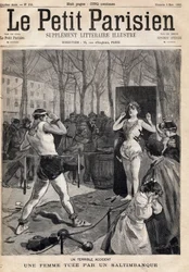 Véletlenül meghalt egy nő egy sósbank bemutató során az utcán, a Place des Quinconces Bordeaux-ban. A „Le petit Parisien” című újság egyike, 1893.05.03. (metszet)