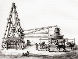 Munkások a körhinta és csörlő segítségével a 19. századi franciaországi Grenelle-i artézi kutak fúrására a „Les Merveilles de la Science”-ből, 1870 körül (metszet)