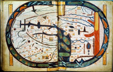 Saint Sever világtérképe. Miniatúra a "Szent János szerinti Apokalipszis" kommentárjaiból, amelyet 775-ben írt Beatus Liebana szerzetes.