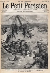 A „Victoria” angol páncél roncsa egy ütközést követően Szíria partjainál és az áldozatok mentése. A „Le petit Parisien” című újság egyike 1893.07.09. (metszet)