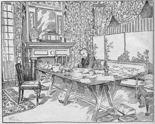 Ifjabb Alexandra Dumas író (1824-1895) a munkaszekrényében. Metszet a „La gazette du dimanche”-ban, 1895. december 12-én.