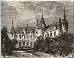 Chateau du Rocher a Mayenne-i Mezangers-ben – V.A. Malt-Brown „La France illustrée: földrajz, történelem, statisztikai igazgatás” című metszet. 1884
