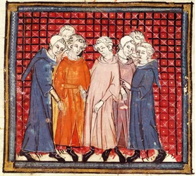 f.155r Jámbor Lajos király ellen összeesküdő nemesek a Grandes Chroniques de France-ból, 1375-79