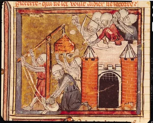 f.275r Chinon kastély ostroma, Grandes Chroniques de France, 1375-79