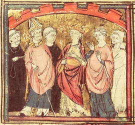 f.73r I. Dagobert (605-39), a Francia Királyságot átvevő frankok királya, a Grandes Chroniques de France-tól, 1375-79