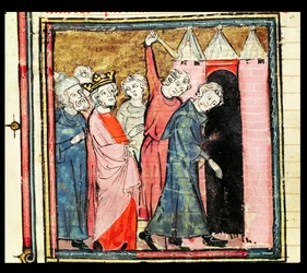 f.86v Charles Martel két férfi megbüntetéséről és száműzetéséről gondoskodik, a Grandes Chroniques de France-ból, 1375-79