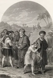 Józsefet eladják a testvérei, metszet S. Allen metszete, a "The National Illustrated Family Bible" című, 1870 körül kiadott kiadványból (litográfia).