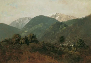 Kilátás Scheuchensteinről a Gauermannhofra, Schneeberggel a háttérben