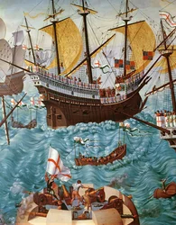 VIII. Henrik beszállása 1491-1547 között a Henry Grace a Dieu fedélzetén 1520-ban, Vincent Volpi 148771-es olaj-vászon festményéről másolva.