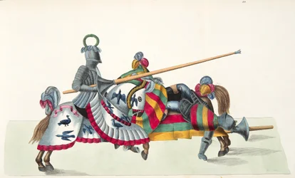 Két lovag egy tornán, tábla Dr. Franz Kottenkamp "A lovagság fejlődésének és szokásainak története" című művéből, kiadta Carl Hoffmann, 1842.