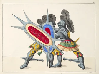 Két lovag harcol, tányér a „A lovagság fejlődésének és szokásainak története” című alkotásból, Dr. Franz Kottenkamp, Carl Hoffmann kiadása, 1842