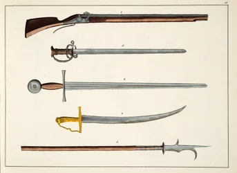Fegyverek, köztük kardok és lándzsák, 1400 körül, tábla A lovagság fejlődésének és szokásainak történetéből, Dr. Franz Kottenkamp, kiadó: Carl Hoffmann, 1842