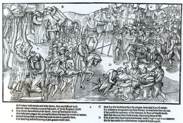 Az ír törzsfőnök megkapja a pap áldását, mielőtt elindul, hogy megküzdjön az angolokkal, akik teljes páncélban láthatók, 4. tábla John Derricke „Írország képe” című művéből, 1581.