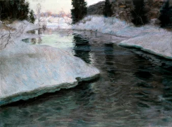 A jég olvadása: a Lysaker folyó. Fritz Thaulow (1847-1906) festménye. Pasztell, vászon. Magángyűjtemény.