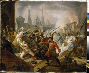 Az 1773-1775-ös orosz parasztháború (a jajk kozákok Jacksonja): a kazanyi csata 1774 júliusában, Emelian Ivanovitch Pougatchov (Iemelian vagy Emilien Pougatchov) (1742-1775) lázadásának színhelye. (Pugacsov kazanyi csatája 1774 júliusában.