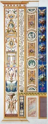Panel a vatikáni Raphael-loggiáról, a „Delle Loggie di Rafaele nel Vaticano”-ból, Giovanni Ottaviani (kb. 1735-1808) metszet, 1772-77 körül megjelent (kézzel színezett metszet)