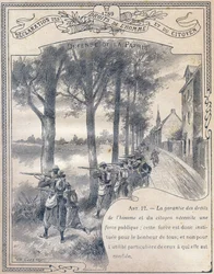 1789: Az ember és a polgár jogainak nyilatkozata : Defense de la patrie . Metszet a "Le livre unique de morale et d