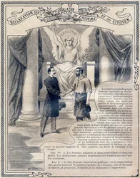 1789: Nyilatkozat az ember és a polgár jogairól: egyenlőség. Metszet az „Egyetlen erkölcsi és állampolgári nevelési könyvbe, amely az Általános Iskola három szakának tanulóinak, valamint a Líceusok és Főiskolák általános osztályainak tanulói számára készül