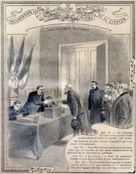 1789: Az emberi és polgári jogok nyilatkozata: nemzeti szuverenitás. Metszet „Az erkölcs és az állampolgári ismeretek egységes könyve, az elemi iskola három évfolyamának tanulói, valamint a líceumok és kollégiumok elemi osztályainak tanulói számára” című