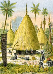 Canaque falu Új-Kaledóniában, 1900-1910 körül (illusztráció)