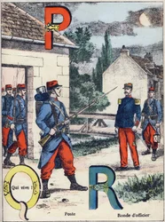 P betűk Q és R: Post, Qui vive! és Tiszti kör. Gravírozás az "Alphabet militaire" Grand-Bebe sorozatban. Metszés. Pont-a-Mousson képalkotás. Louis Vagne, Nyomda-kiadó, 1900 körül. Illusztrációk: G. Dascher. 20 oldal. Mérete: 31,5x24,5 cm