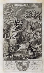 A pokol jelenete, illusztráció Anthony Le Grand "A filozófia alapelvei" című könyvének 1. rész 3. fejezetének 10. fejezetéből, Johannes Kip (16523-1722) metszete, 1694.