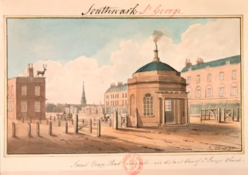 "Great Dover Road Turnpike és távoli kilátás a Szent György-templomra", Southwark, London, 1825