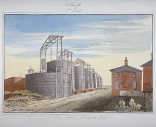 A londoni Southwarkban, a Pocock Streeten lévő gázmű látképe, 1826