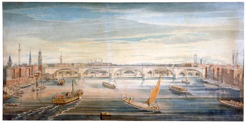 Kilátás az új London Bridge-re nyugatról, csónakokkal és uszályokkal a Temzén, 1831.