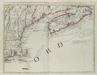 Acadia, Sagadahoc és Maine tartomány, New Hampshire, Rhode Island és Massachusetts és Connecticut egy része, G. Zuliani metszete az 1778-ban Velencében kiadott „Legújabb atlasz” I. Tome-jából vett, Antonio Zatta, Magángyűjtemény